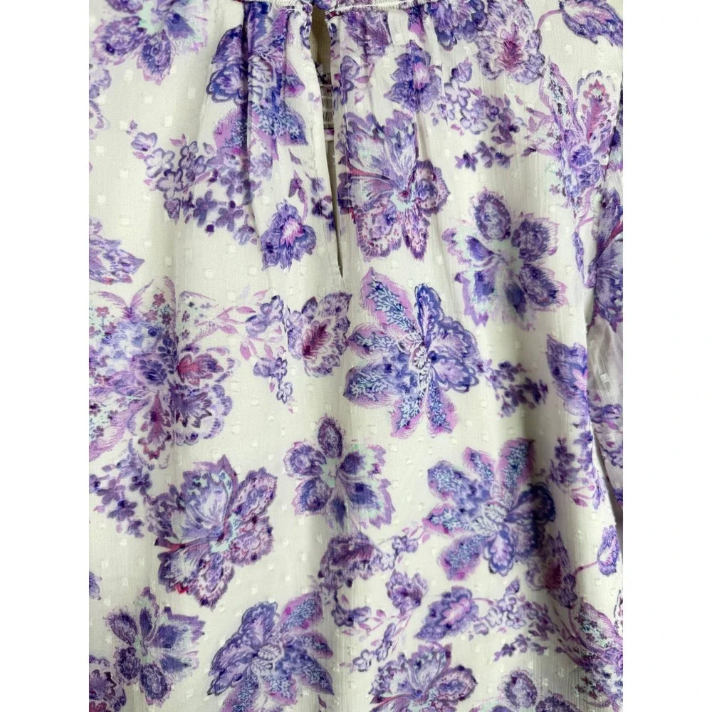 Loft Floral Clip Puff Long Sleeve Blouse size Small White/Purple